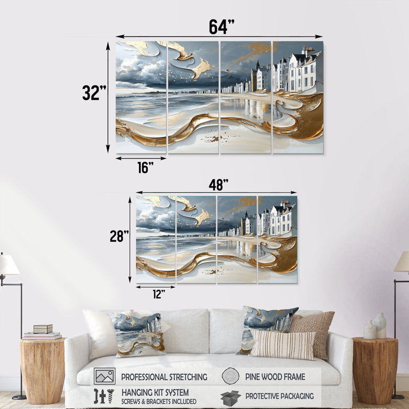Ensemble de décorations murales bleues et dorées sur la plage d'Aberdeen en Écosse II, H 32 po x l 64 po