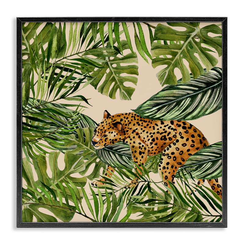 «Botanical Leopard on Branch», art de la giclée par Janet Tava, H 12 po x l 12 po, Giclée encadrée noir minuit