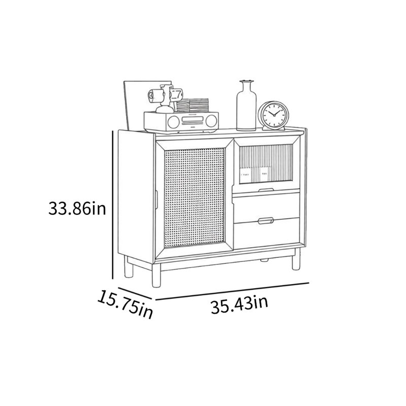 Buffet décoratif simple en verre tissé de rotin, H 33,86 po x l 35,43 po x P 15,75 po