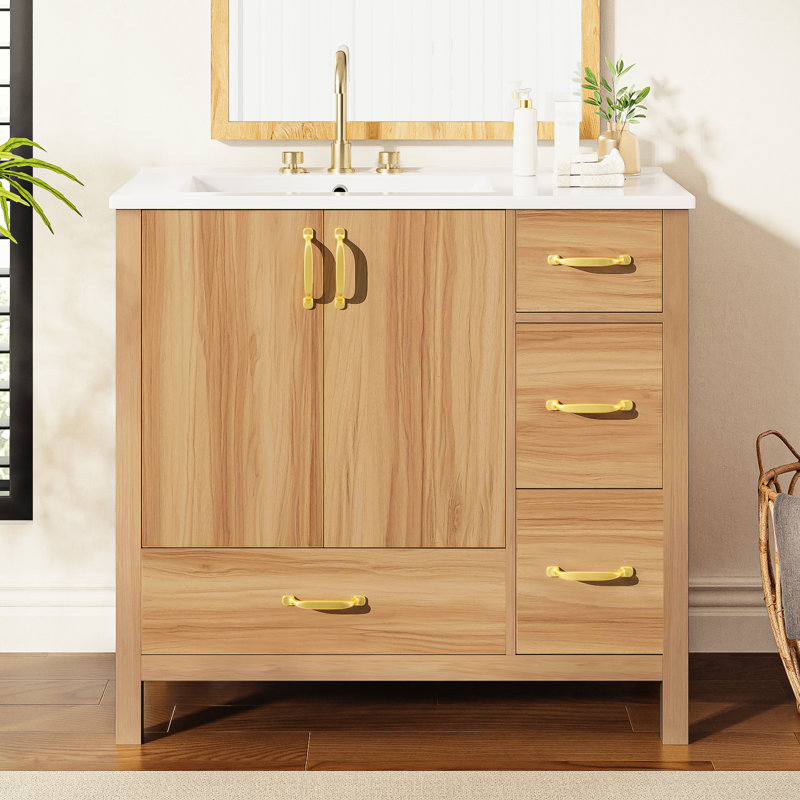 Armoire de meuble-lavabo 36 po avec lavabo en céramique, portes à fermeture en douceur et poignées dorées pour salles de bain pratiques et fonctionnelles 36 po, 4 tiroirs, tablette réglable, portes silencieuses