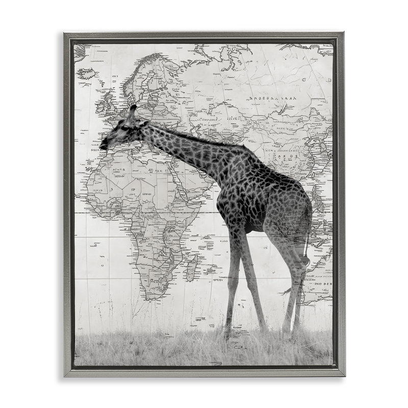 Girafe sauvage avec carte du monde, Cadre flottant gris lustré, H 21 po x l 17 po