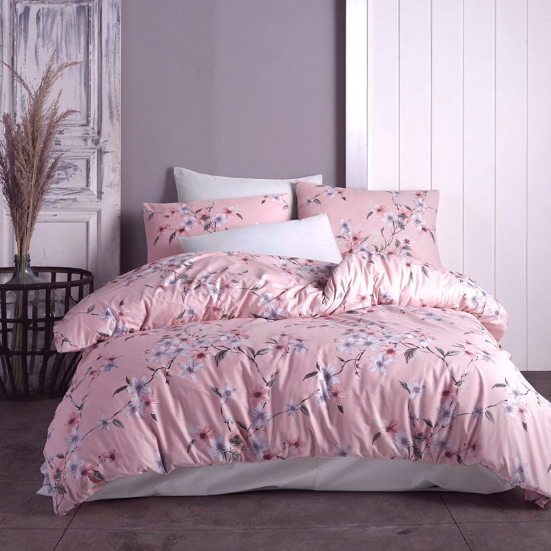 100% Cotton Percale Floral Sheet Set, Peach/Pink/Gray, Queen Sheet Set with 2 Pillowcases