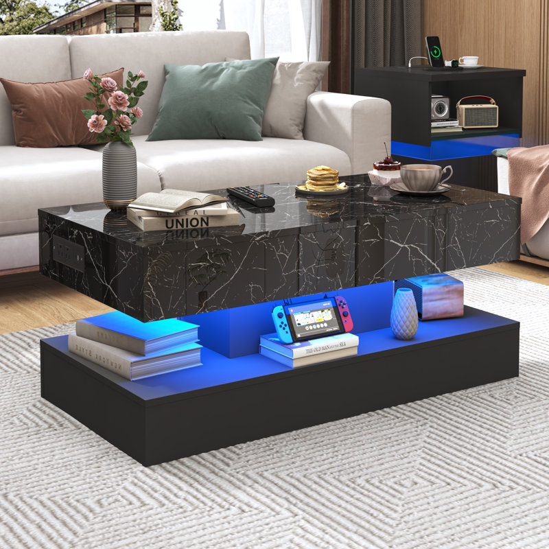 Table basse à plateau relevable de 39,4 po avec lumières DEL RVB APP, station de charge USB et CA, table de rangement réglable en hauteur ultrabrillante