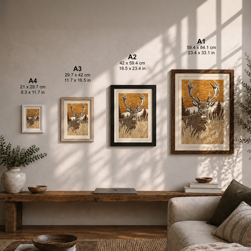 Antlered Majesty Rustic - Framed Print, A4 - 29.7 x 21.0 cm, Walnut
