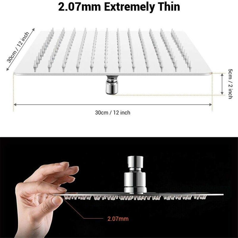 12 Inch Brushed Nickel Rain Shower Head, Square Ultra Thin 304 Stainless Steel High Pressure Shower Head Waterfall Full Body Coverage Waterfall Shower Head