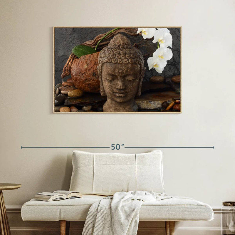 Sculpture tête de Bouddha, Cadre flottant en bois naturel, 40 po x 27 po