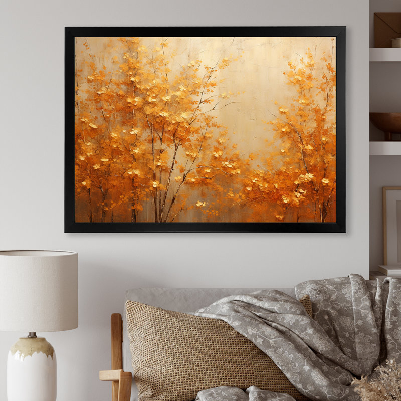 «Golden Autumn Forest Harmony I», art mural forêt pour le salon, Cadre simple noir, H 16 po x l 32 po x P 1 po