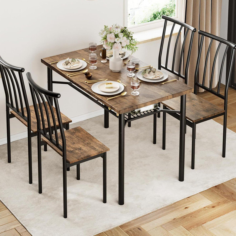 Ensemble de salle à manger 5 pièces pour 4 personnes, table rectangulaire en bois avec support à vin et tablette de rangement, 2 chaises pour la cuisine ou la salle à manger