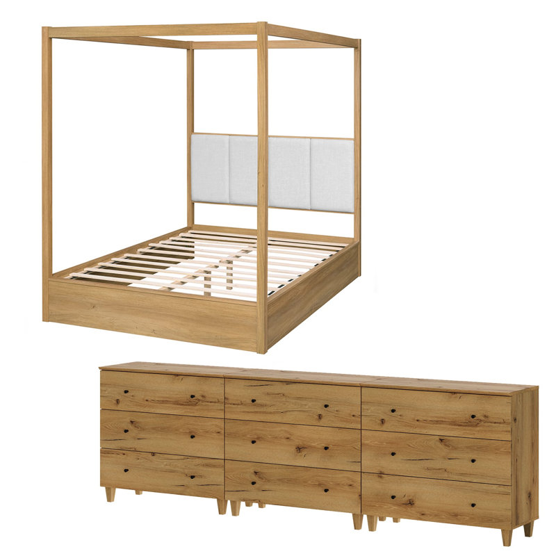 Ensemble de mobilier de chambre à coucher Lysiane, grand lit à baldaquin en bois massif et commode 106 po avec 9 tiroirs