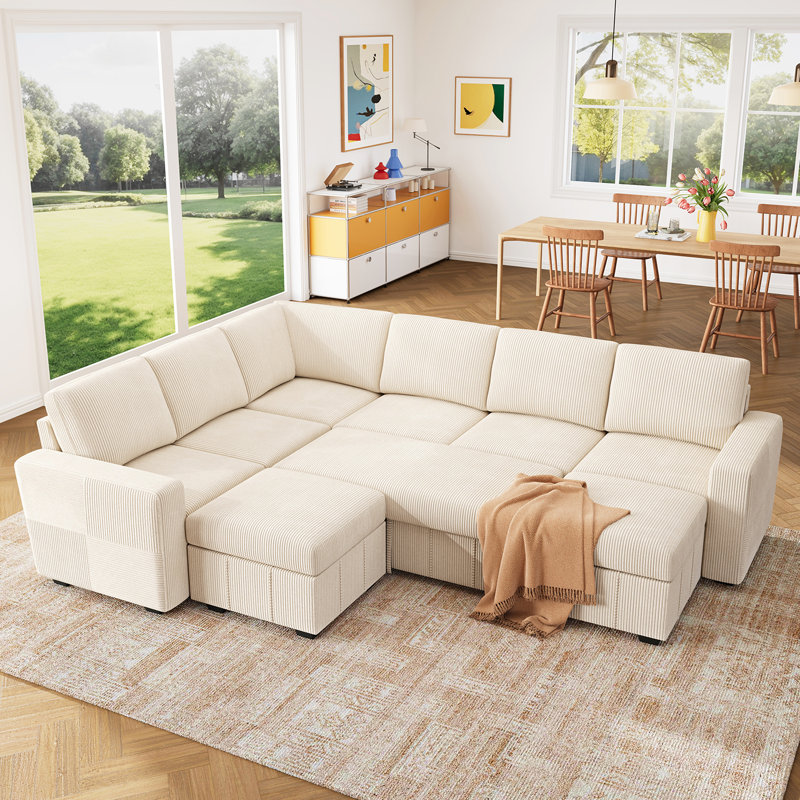 Abramson Upholstered Sleeper Sectional Sofa Bed With Ottoman   , Beige Corduroy