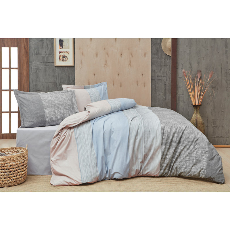 100% coton, ensemble de housse de courtepointe double 86,6 po x 86,6 po Ranforce | Pigment imprimé, lavable à la machine à 104 ° F | Comprend 1 taie d'oreiller de 17,7 po x 61,0 po | Gris élégant, bleu et poudre, doux et durable