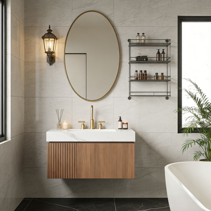 Meuble-lavabo flottant avec espace de rangement multifonctionnel et 3 trous de robinet pré-percés, Chêne brun, 36"