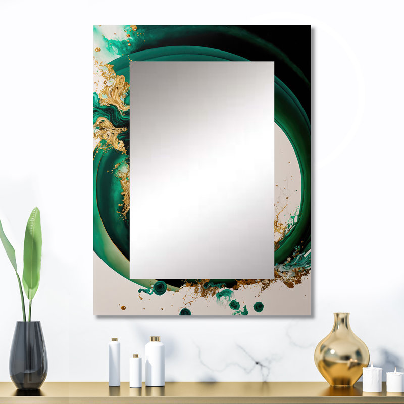 Emerald Green And Gold Abstract Waves II - Abstract Spirals Decorative Wall Mirror, Green Large Mirror, Printed Metal Art
