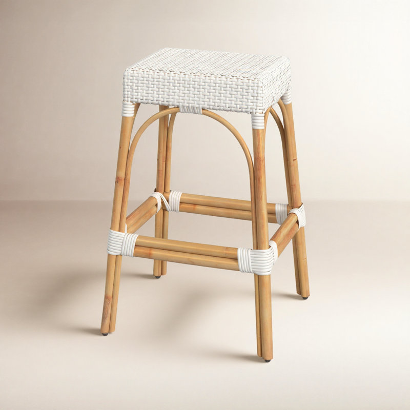 Robias Rattan Bar & Counter Stool, Glossy White/ Natural Rattan Frame, Bar Stool (30" Seat Height)