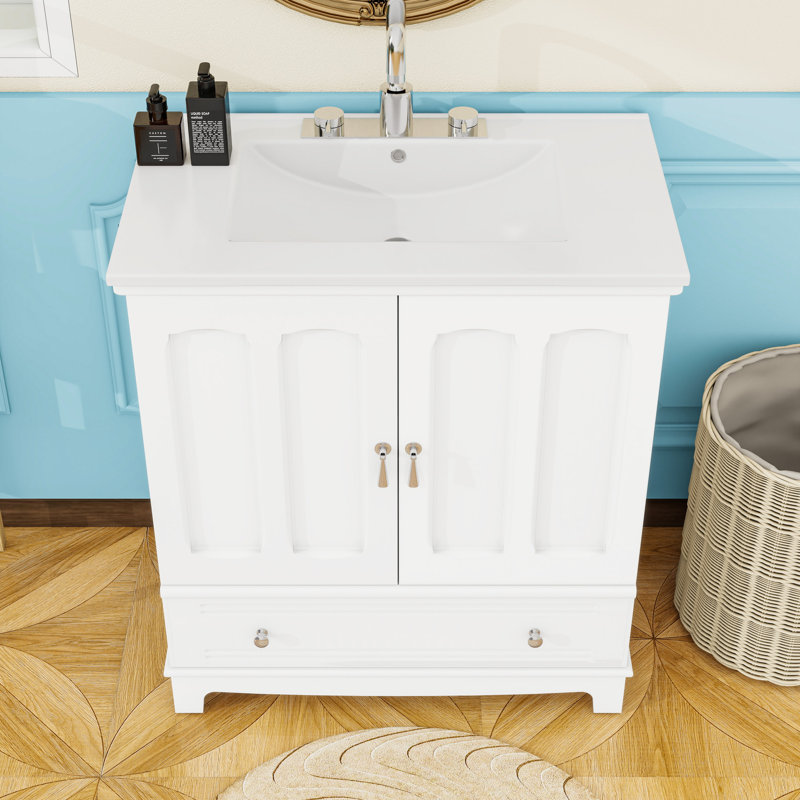 Meuble-lavabo moderne avec lavabo en céramique, tablette réglable et tiroir divisé, Blanc