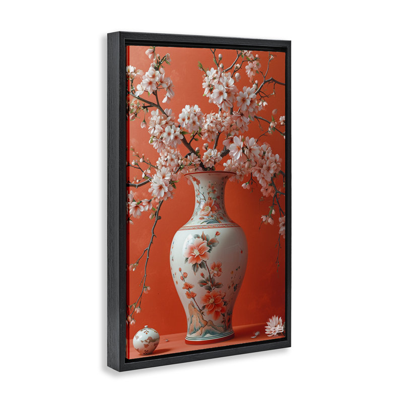 Fleurs dans un vase oriental, toile flottante encadrée par Roozbeh Bahramali, Cadre flottant noir de jais, H 31 po x l 21 po