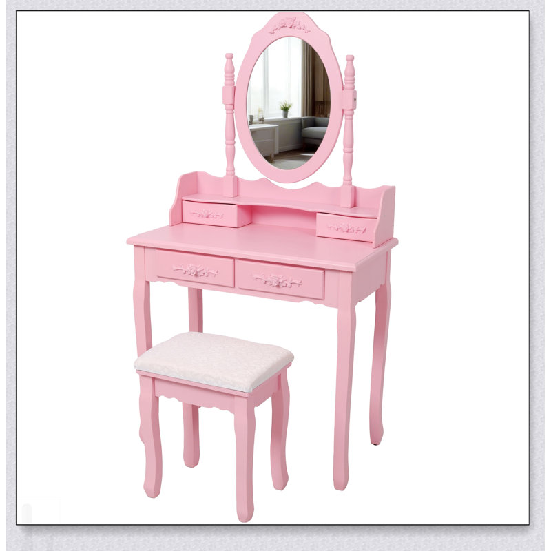Ensemble de bureau de coiffeuse Princess avec miroir pivotant à 360 °, tabouret rembourré et rangement à 4 tiroirs pour chambre de fille