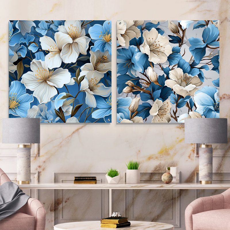 Motif floral blanc et bleu Bliss, H 36 po x l 73 po