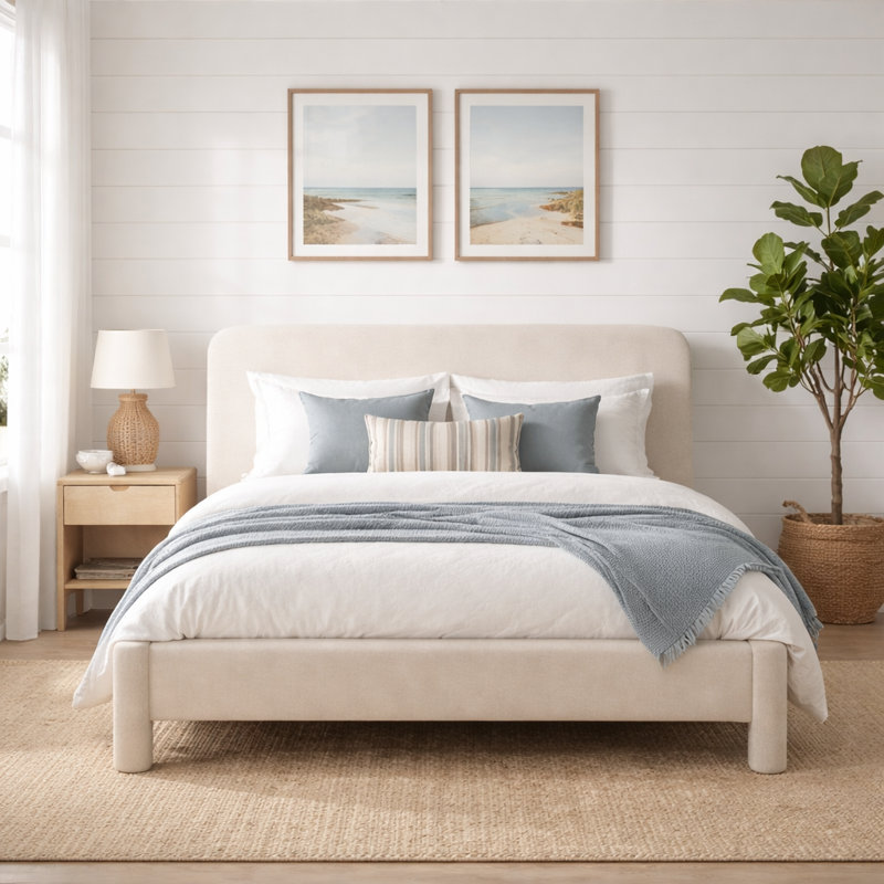 Reigen Curved Headboard Upholstered Platform Bed With Soft Rounded Corners,Beige,Full, Beige, Full / Double