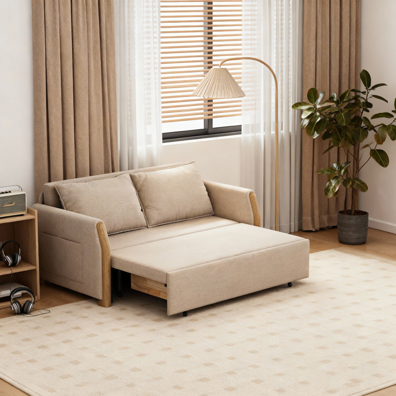 Beige 2 Seater Pull Out Sofa Bed, Modern Upholstered Convertible Sleeper Sofa with Metal Bed Frame, Wheeled Pull-Out Mechanism, Padded Seat, Two Back Cushions and Wood Effect Armrests for Living Room, Bedroom and Guest Room