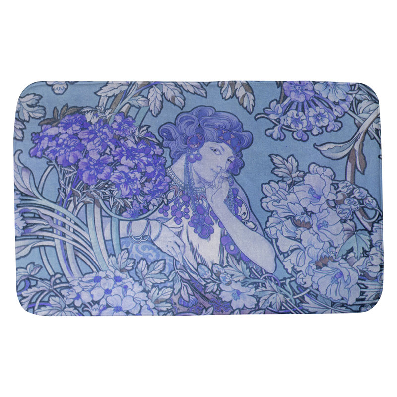 Tapis de bain femme entre les fleurs Alphonse Mucha, L 17 po x L 24 po, Bleu