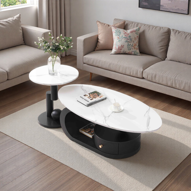 Ensemble de 2 tables de bout Modern Modern, Plateau blanc / base noire, Marbre