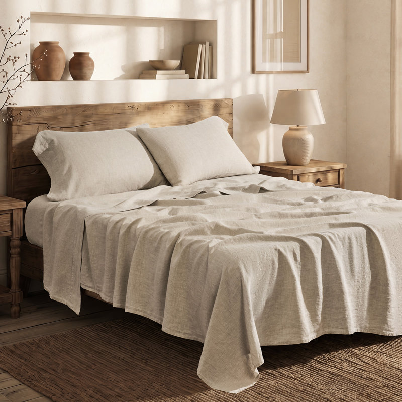 EverGrace 100% European Flax Linen Sheet Set, Queen, Natural Linen