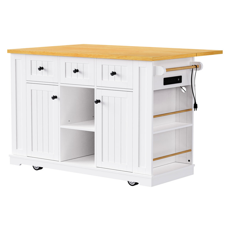 Large Kitchen Island With Drop Leaf, Internal Storage, Power Socket, Rolling Cart, White Storage Space, Input, On 5 Wheels,