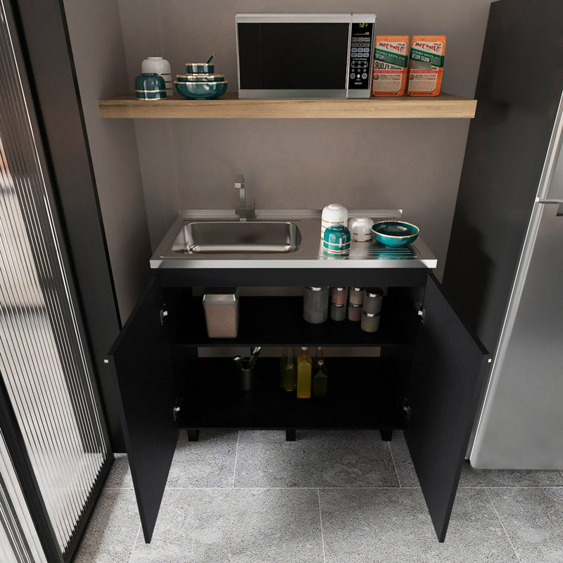 2 Utility Sink And Cabinet In Black With Wood Material Modern Look For Kitchen Stable Legs Style Space, Black