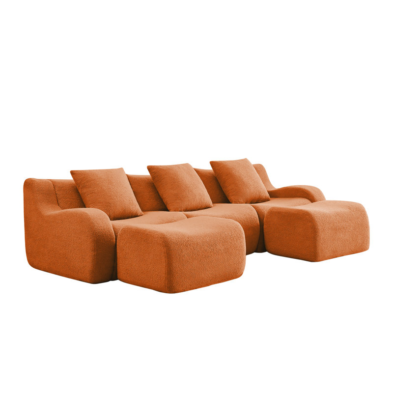 Canapé à trois places en tissu moelleux doux sans os avec deux repose-pieds, Orange moelleux