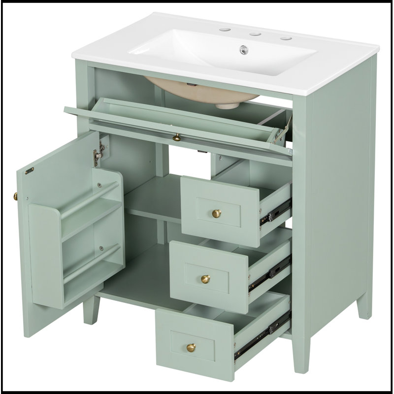 Meuble-lavabo avec lavabo, 3 tiroirs et tablette réglable, Light Green
