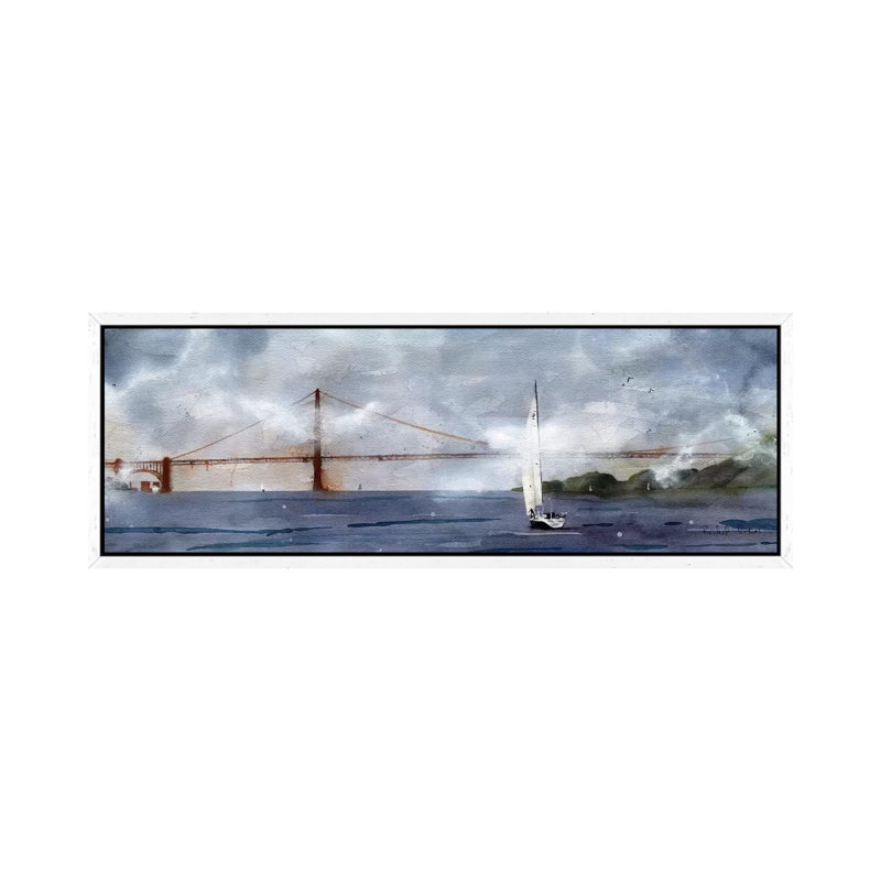 Landscape Golden Gate Foggy Sail by Rachel Parker - Panoramic Painting on Canvas, 121.92 cm H x 40.64 cm W, White Framed