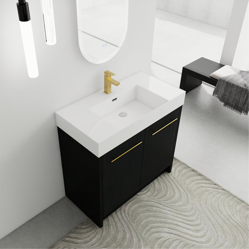 Armoire de salle de bain 36 po avec lavabo en résine et porte de fermeture sans tracas - meuble-lavabo autoportant en châtaignier noir et design 36 po