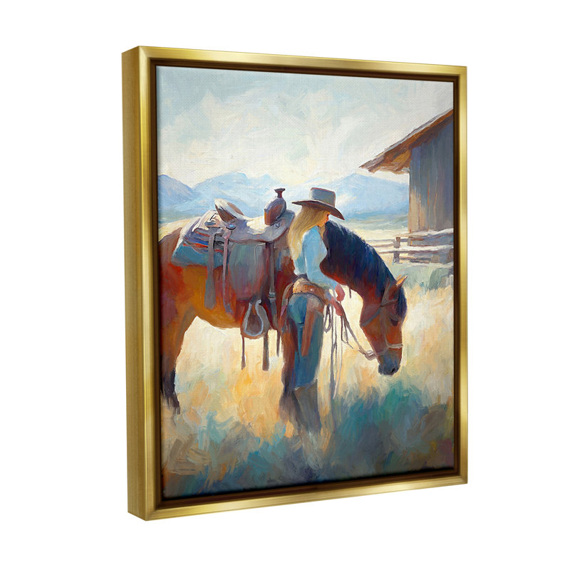 "Fille et cheval équestres" par Ramona Murdock sur toile, Cadre flottant métallique doré, H 21 po x l 17 po