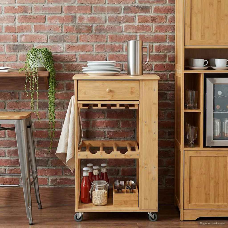  Kitchen Trolley With Wheels Natural 18.70 X 14.17 X 32.68 In