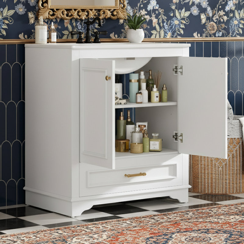  Meuble-lavabo autoportant de 30 po de largeur avec comptoir en céramique - Structure en bois massif - Portes élégantes à motif sculpté avec charnières à fermeture en douceur - Armoire de rangement polyvalente