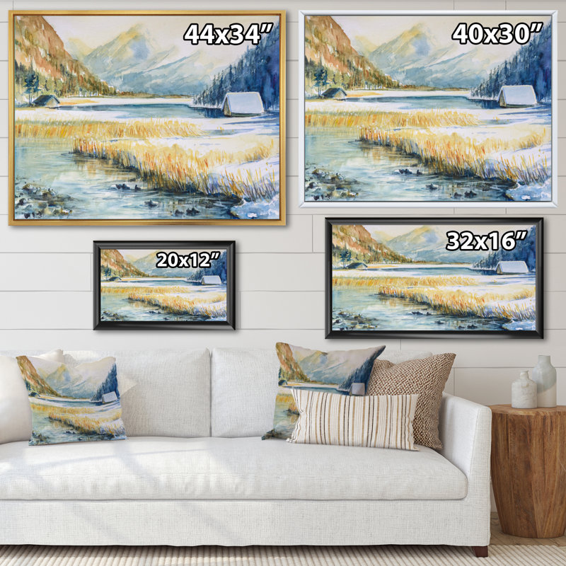 Paysage avec montagne bleue et rivière - Peinture sur toile, H 30 po x l 40 po x P 1,5 po, Cadre flottant en érable