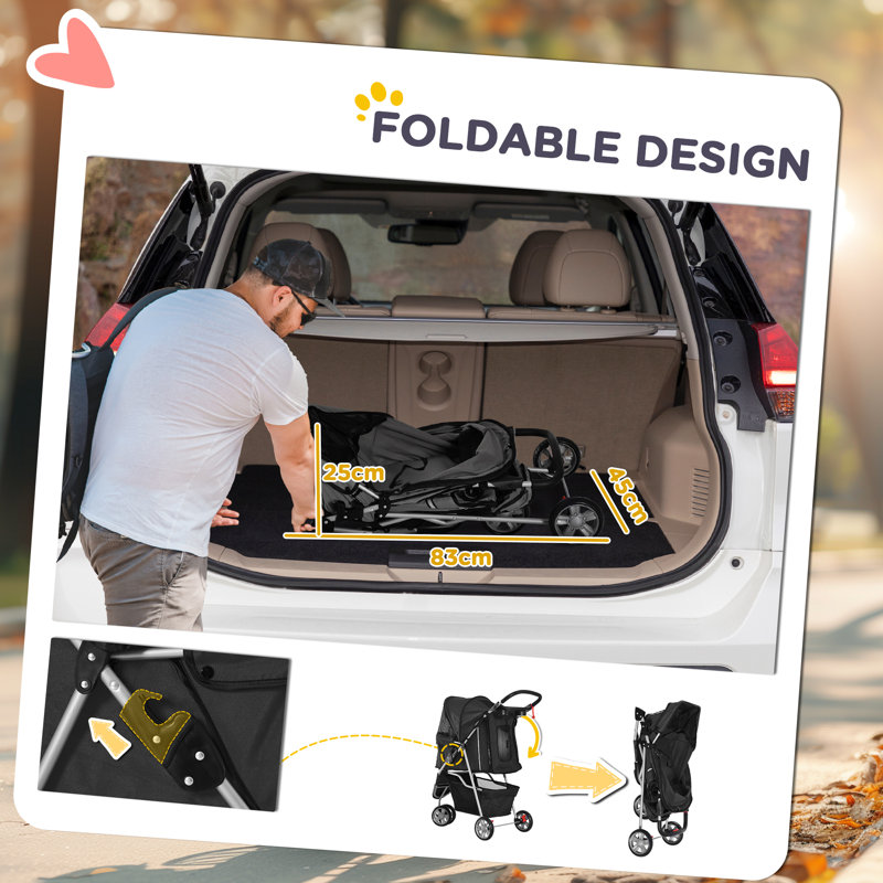 Poussette pour animaux de luxe à 3 roues avec frein, auvent, porte-gobelets (noir)