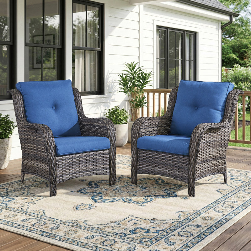 Ensemble de 2 chaises de patio en osier avec dossier haut, siège en rotin PE toutes saisons pour terrasse, Bleu, Gris
