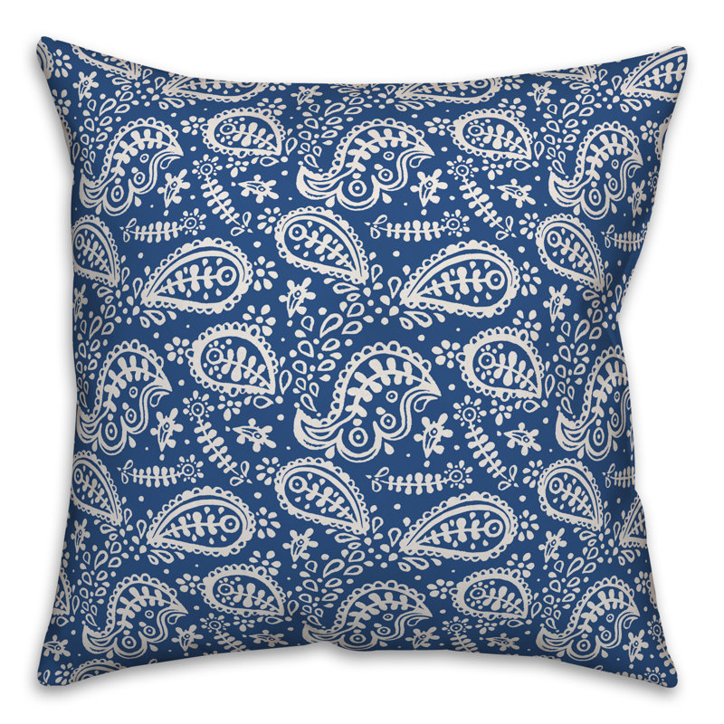 Coussin décoratif intérieur/extérieur dessin cachemire, 18 po x 18 po, Blanc cassé / Bleu encre, Pas de bourre