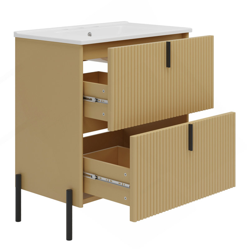 Meuble-lavabo de 30 po avec lavabo en céramique, équipé de poignées verticales et de tiroirs pleine extension, meuble-lavabo autoportant avec glissières de tiroir à fermeture en douceur, conception cannelée, naturel