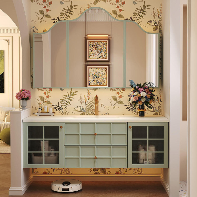Glass and Solid Wood Wall Bathroom Cabinet, 21.7 "H x55.1"W x 19.7"D, Green