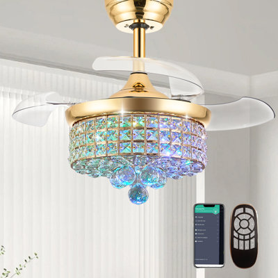 30" Rgb Retractable Crystal Ceiling Fan Chandelier