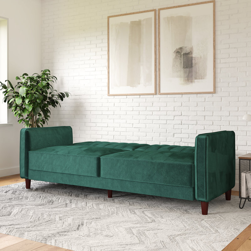 Perdue 81.5" Velvet Square Arm Convertible Sofa, Green Velvet