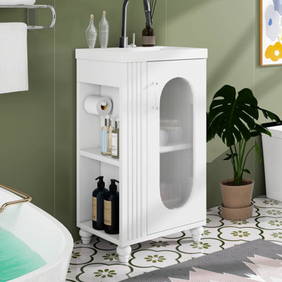 20" Small Bathroom Vanity With Sink, Small Bathroom Cabinet With Toilet Paper Holder & Open Shelf, Solid Wood Bathroom Vanity With Glass Door