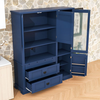 Armoire de cuisine autoportante avec tablettes réglables, portes en verre givré et ensemble anti-basculement