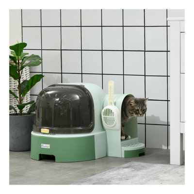 Bac à litière pour chat avec couvercle, bac à litière couvert, facile à nettoyer et à ouvrir, y compris le couvercle avant ouvrable, pelle à litière, vert