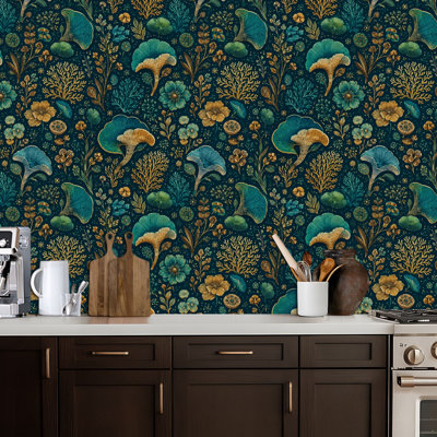 Peel and Stick PVC Wallpaper, Removable Self-Adhesive Wall Covering With Whimsical Woodland Mushroom Botanical Golden Teal Hues Print, Waterproof for Home Decor - Roll