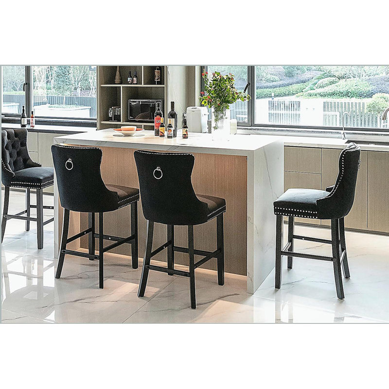 Velvet Upholstered Bar stools with Chrome Nailhead Trim and Wooden Legs (Black,Set of 2), Black