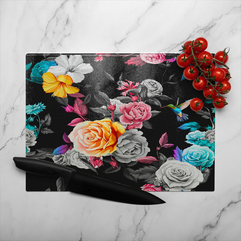 Humming Bird Roses Peony With Leaves Glass Chopping Board, 28cm L x 20cm W